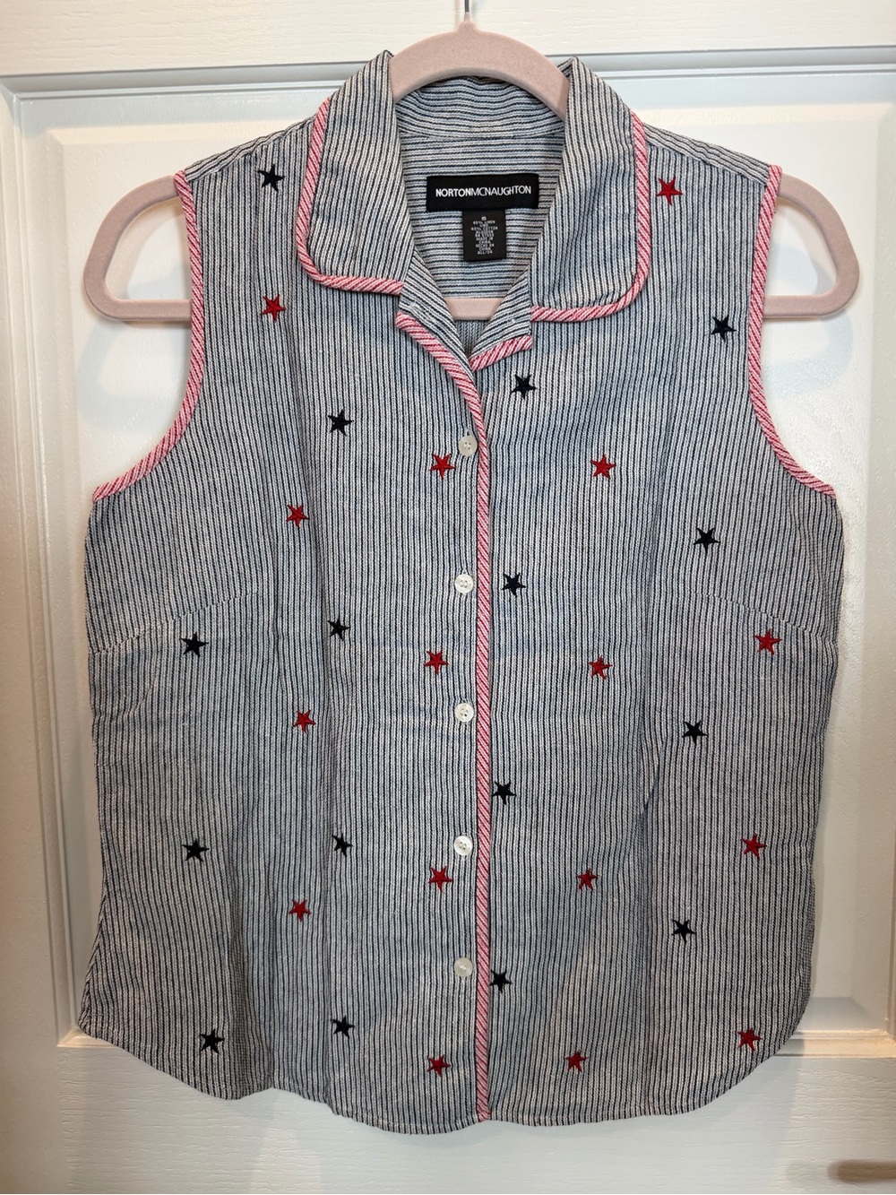 Blue-White Striped Tank with Star Embroidery -Vintage 4th of July Shirt - Picture 7 of 13